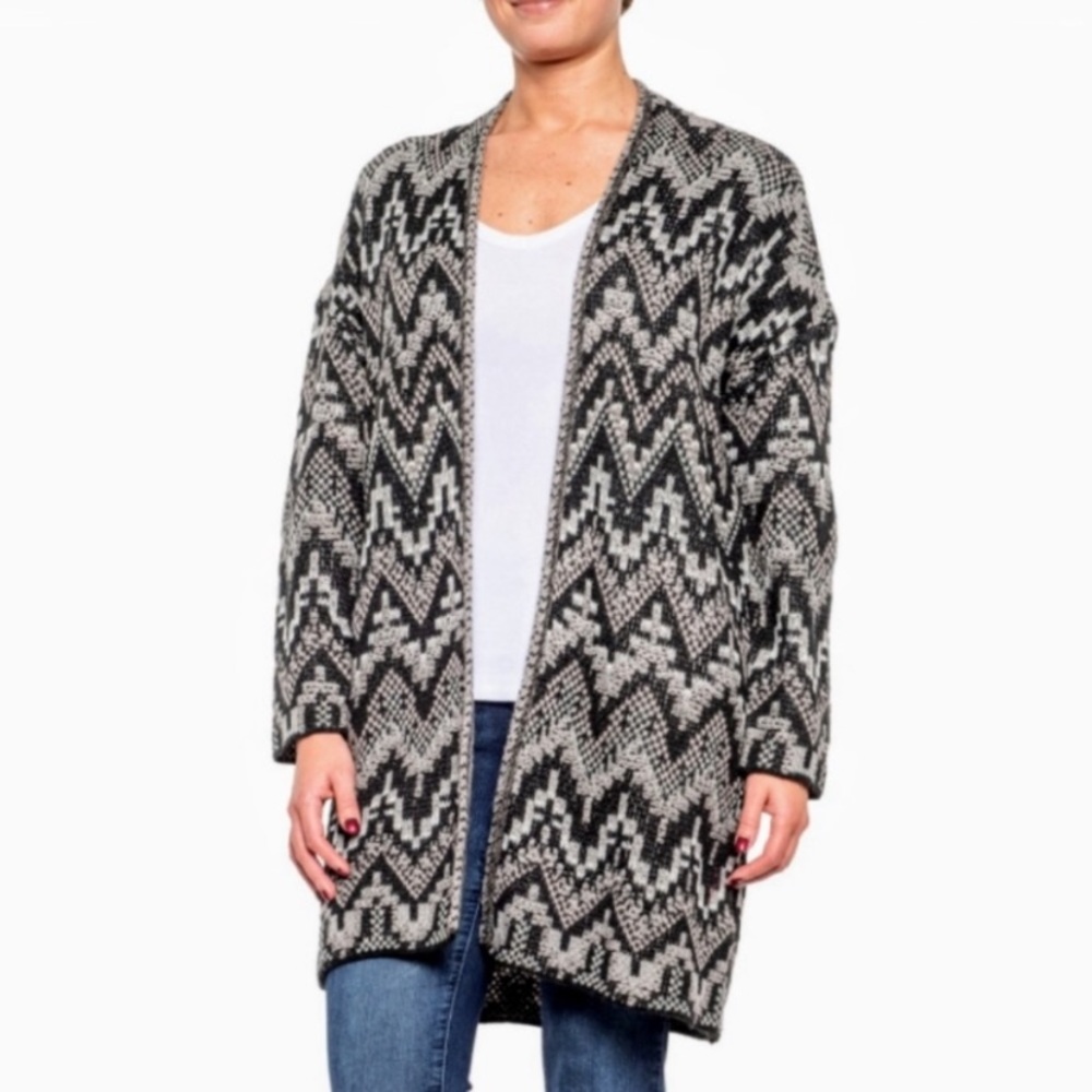 Lucky Brand Ikat Stitch Wool Blend Open Black Gray Cardigan